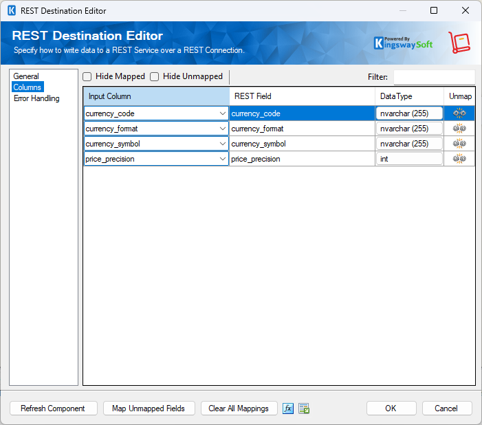 SSIS REST Zoho Inventory Destination - Columns